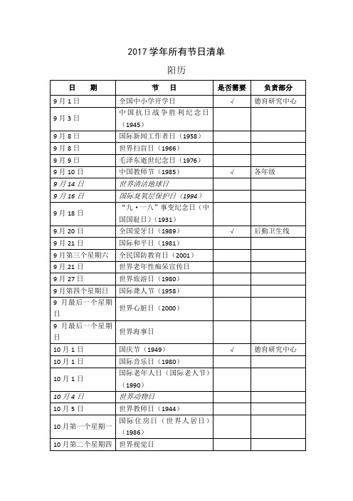 2017学年所有节日清单