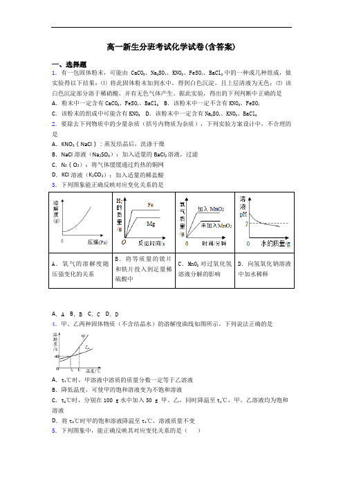 高一新生分班考试化学试卷(含答案)