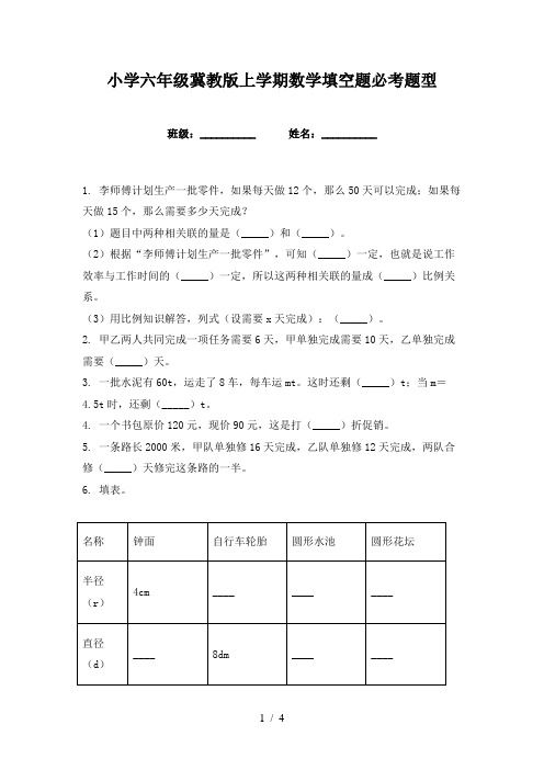 小学六年级冀教版上学期数学填空题必考题型