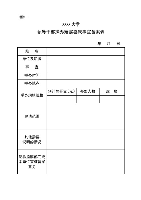 某某大学(学校)领导干部操办婚宴喜庆事宜备案表模板