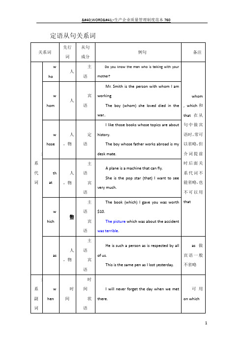 定语从句关系词表格