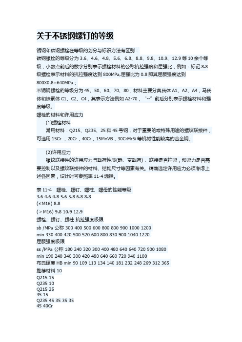 关于不锈钢螺钉的等级