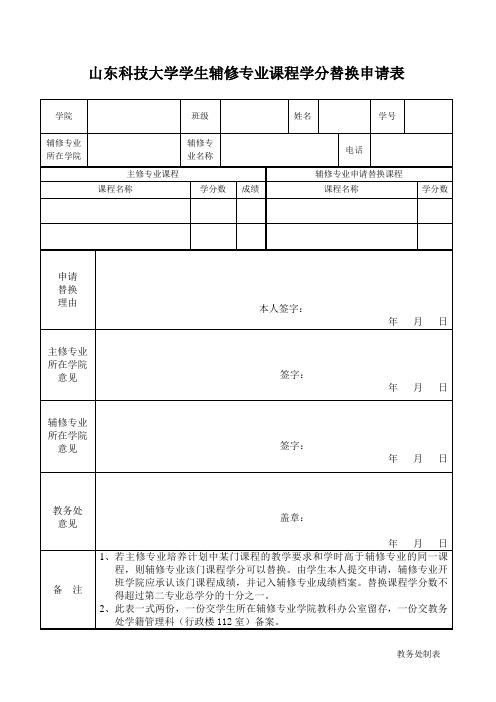 山东科技大学学生辅修专业课程学分替换申请表