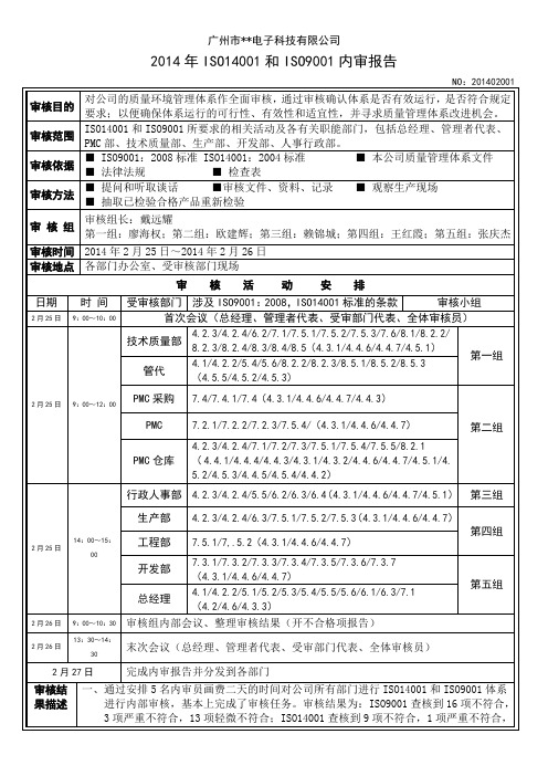 2014年2月ISO9001和ISO14001 内审报告