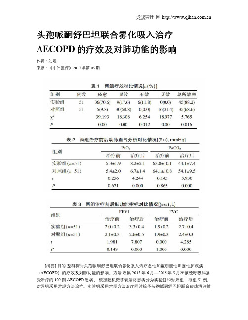 头孢哌酮舒巴坦联合雾化吸入治疗AECOPD的疗效及对肺功能的影响