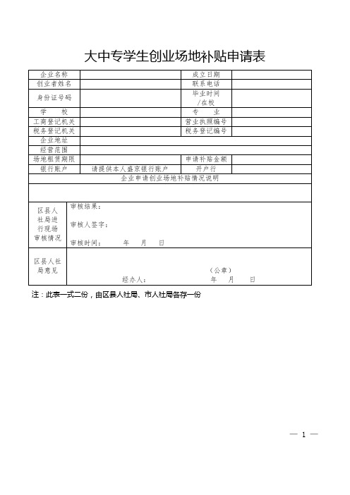 大中专学生创业场地补贴申请表