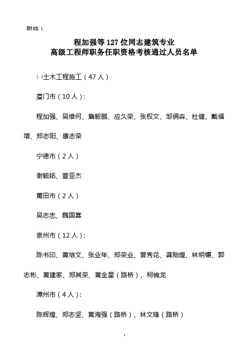 程加强等127位同志建筑专业高级工程师职务任职资格考核通过人员名单