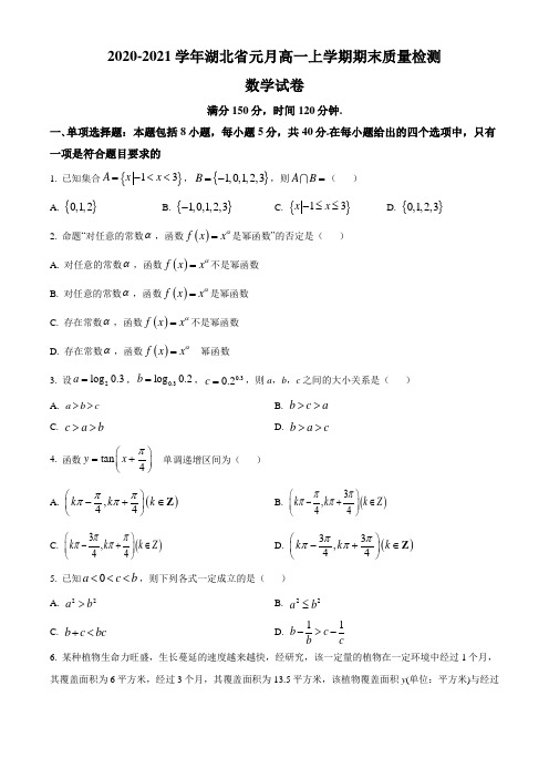 湖北省2020-2021学年高一上学期元月期末质量检测数学试题 Word版含答案