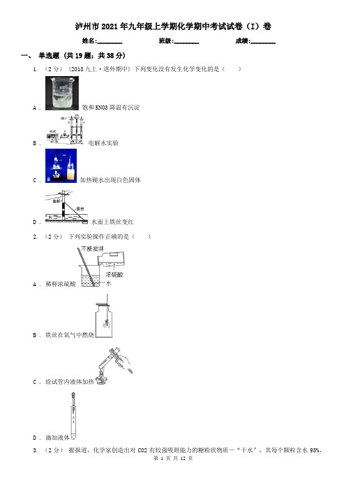 泸州市2021年九年级上学期化学期中考试试卷(I)卷