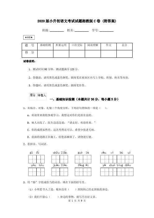 2020版小升初语文考试试题湘教版C卷 (附答案)