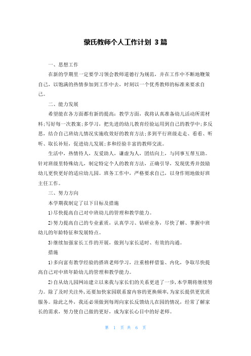 蒙氏教师个人工作计划 3篇