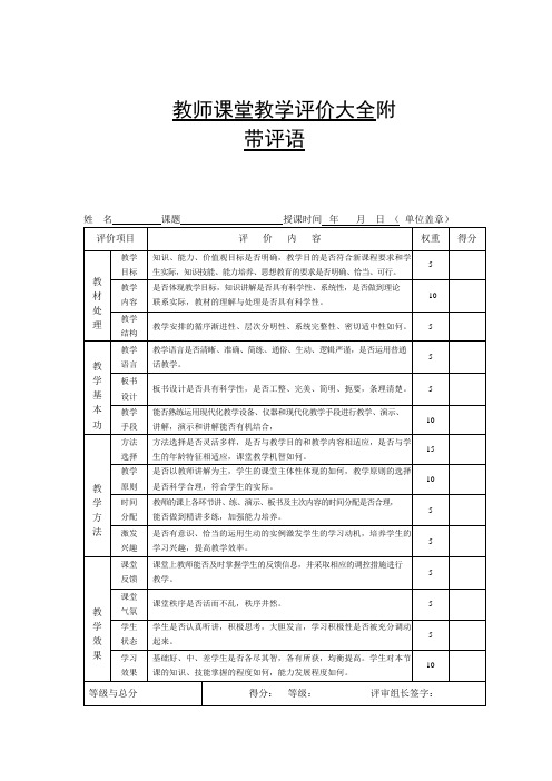 教师课堂教学评价大全(附带评语)(可编辑修改word版)