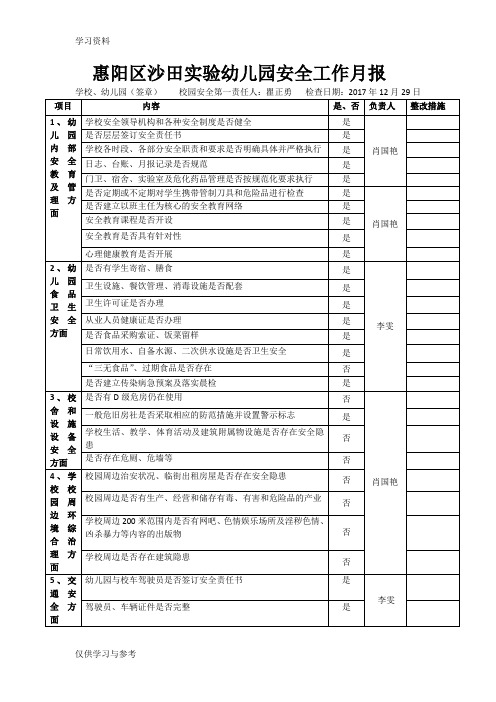 幼儿园安全工作月报表doc资料