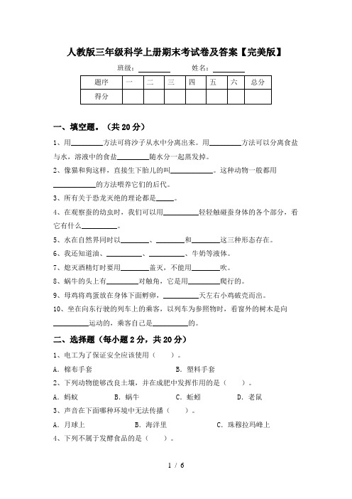 人教版三年级科学上册期末考试卷及答案【完美版】