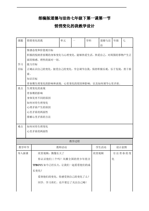 部编版《道德与法治》七年级下册1.1《悄悄变化的我》优质教案