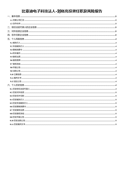 比亚迪电子科技法人-刘晓亮投资任职及风险报告