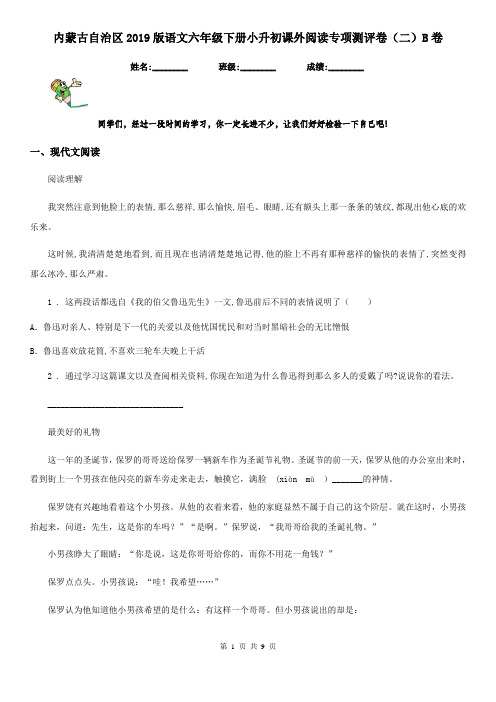 内蒙古自治区2019版语文六年级下册小升初课外阅读专项测评卷(二)B卷