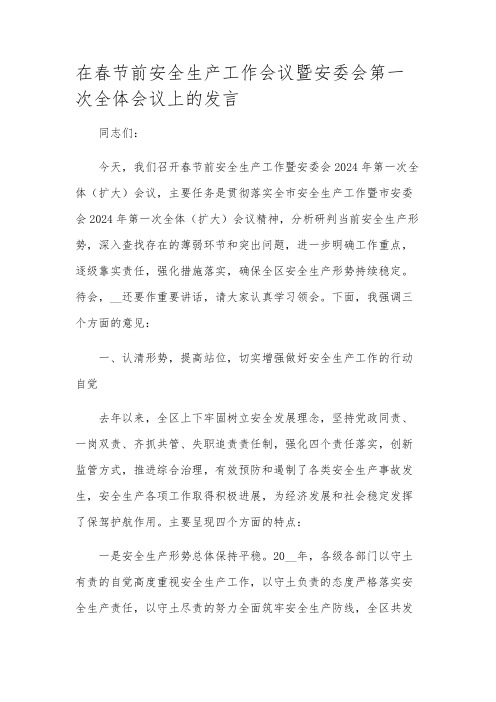 在春节前安全生产工作会议暨安委会第一次全体会议上的发言