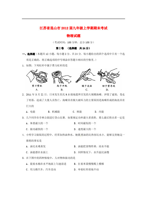 江苏省昆山市九年级物理上学期期末考试试题 人教新课标版