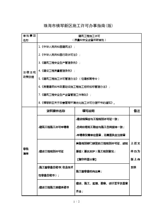 珠海市横琴新区施工许可办事指南