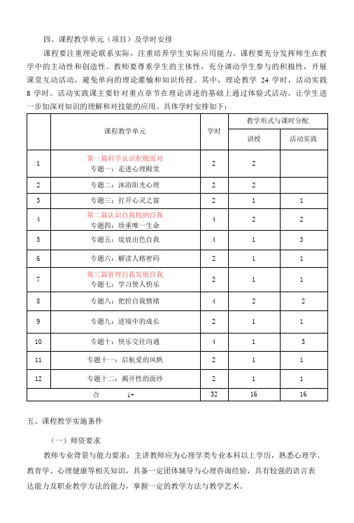 大学生心理健康教育  课程标准