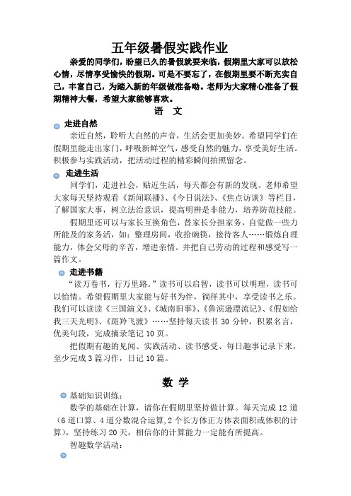 五年级学生暑期实践作业