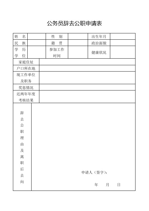 公务员辞去公职申请表word版本