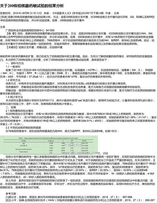 关于200株结核菌药敏试验的结果分析