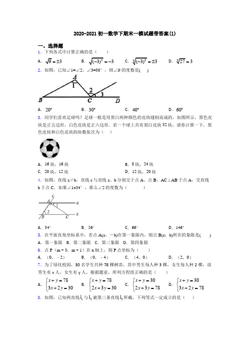 2020-2021初一数学下期末一模试题带答案(1)