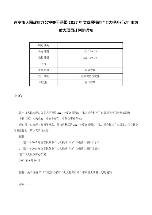 遂宁市人民政府办公室关于调整2017年度富民强市“七大提升行动”市级重大项目计划的通知-