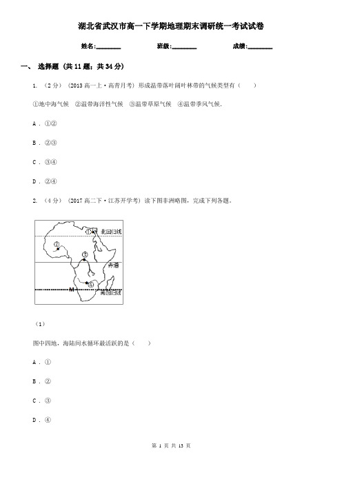 湖北省武汉市高一下学期地理期末调研统一考试试卷