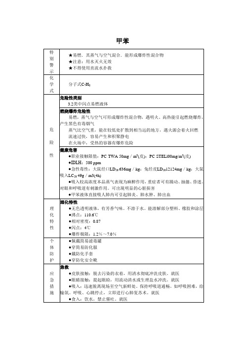 甲苯MSDS化学品安全技术说明书