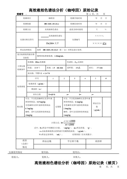 高效液相色谱法分析(咖啡因)原始记录