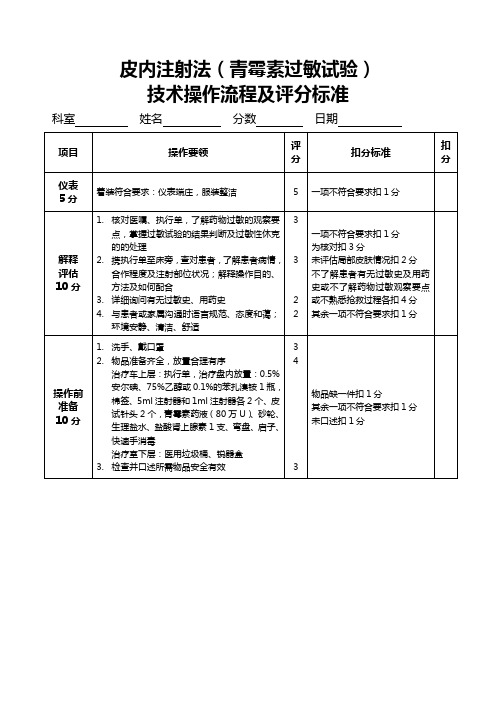 皮内注射法(青霉素过敏试验)技术操作流程及评分标准