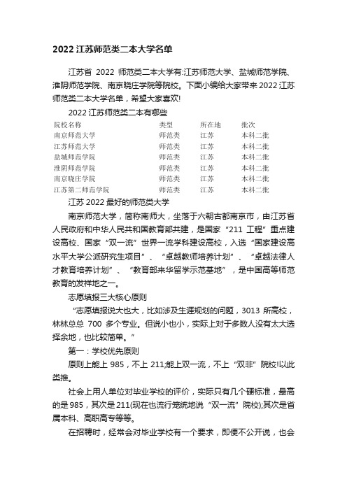 2022江苏师范类二本大学名单