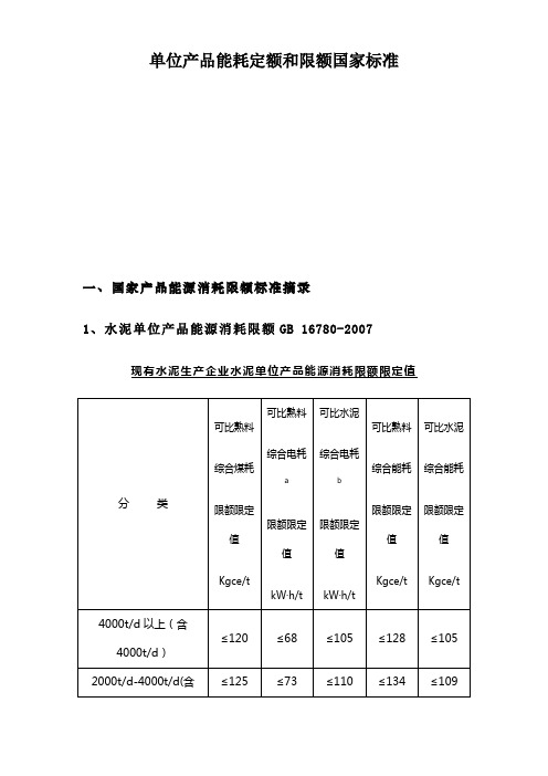 单位产品能耗定额和限额国家标准