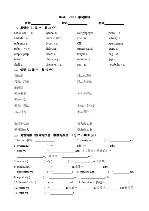 2019新人教版英语必修一五单元Unit 5单词默写整理文档(含中译英,英译中,词性变化归纳)