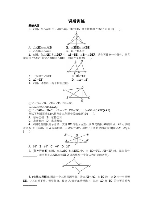 人教版八年级上数学12.2 三角形全等的判定 课后训练(含答案)