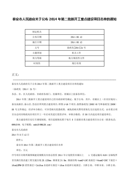 泰安市人民政府关于公布2014年第二批新开工重点建设项目名单的通知-泰政发[2014]21号