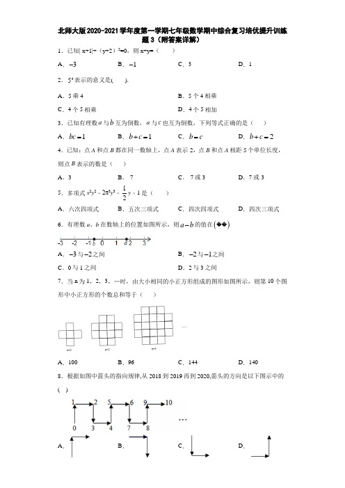 北师大版2020-2021学年度第一学期七年级数学期中综合复习培优提升训练题3(附答案详解)