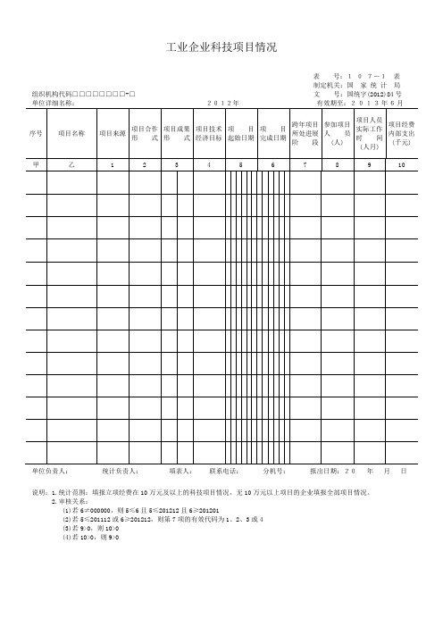 工业企业科技项目情况2012年L107-1表