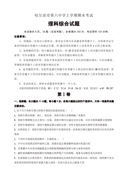 黑龙江省哈尔滨市第六中学高三上学期期末考试理科综合试卷(有答案) (2)