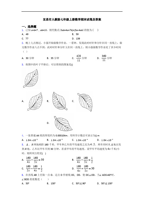 宜昌市人教版七年级上册数学期末试卷及答案