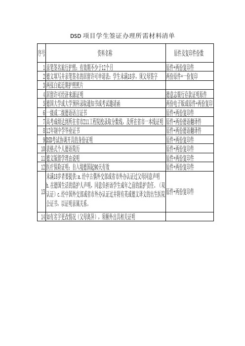 DSD项目学生签证办理所需材料清单