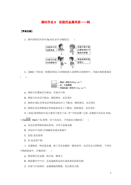 高中化学课时作业9活泼的金属单质__钠新人教版必修第一册