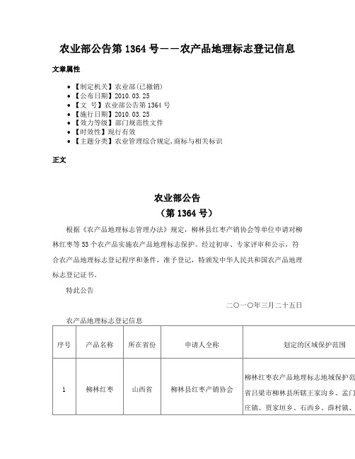 农业部公告第1364号――农产品地理标志登记信息