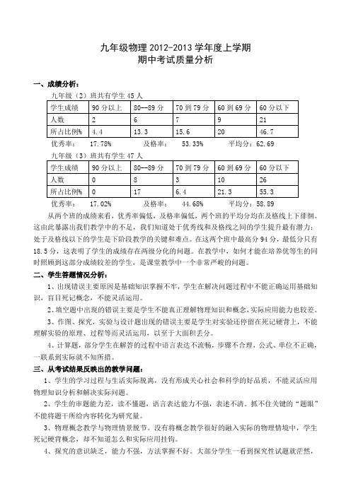 九年级物理期中质量分析