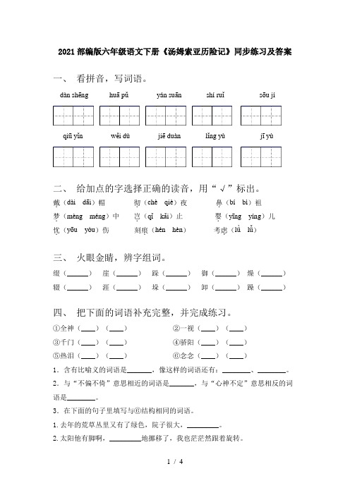 2021部编版六年级语文下册《汤姆索亚历险记》同步练习及答案