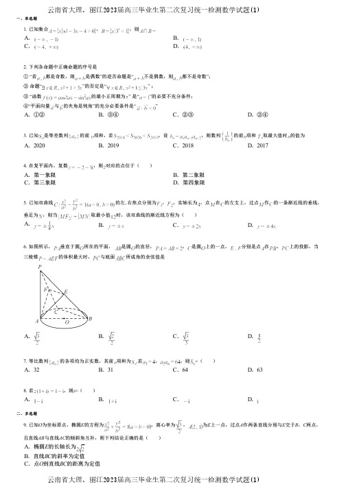 云南省大理、丽江2023届高三毕业生第二次复习统一检测数学试题(1)