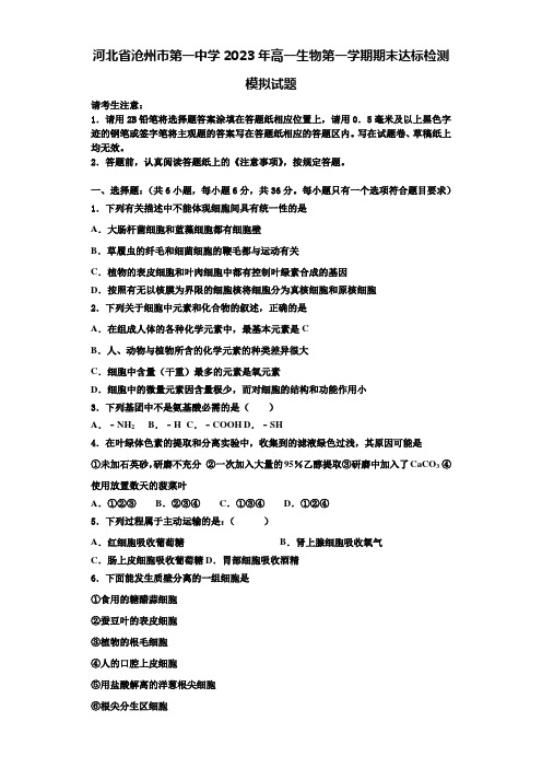 河北省沧州市第一中学2023年高一生物第一学期期末达标检测模拟试题含解析